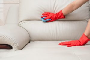 man cleaning leather sofa at home horizontal